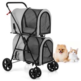 4-in-1 Double Pet Stroller with Detachable Carrier and Travel Carriage (Color: Blue Gingham: Gray)