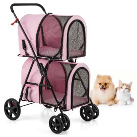 4-in-1 Double Pet Stroller with Detachable Carrier and Travel Carriage (Color: Blue Gingham: Pink)