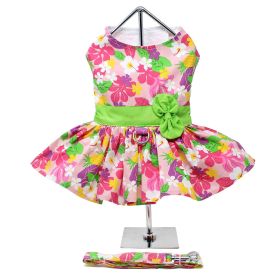 Pink Hawaiian Floral Dog Harness Dress with Matching Leash (Color: Raspberry Sorbet: large)