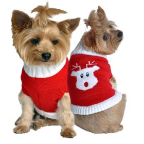 Combed Cotton Red Rudolph Holiday Dog Sweater (Color: Raspberry Sorbet: small)